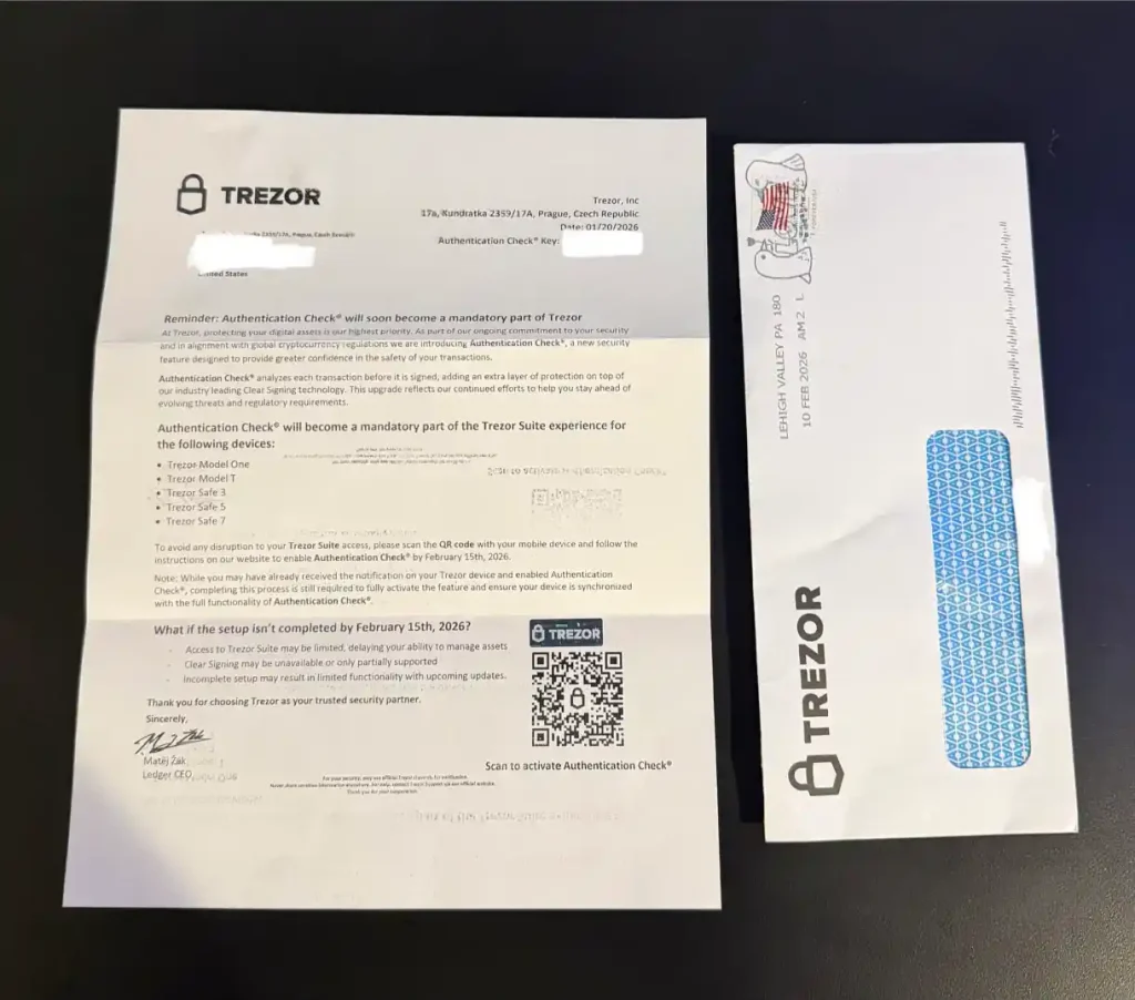 A phishing letter impersonating Trezor communication.