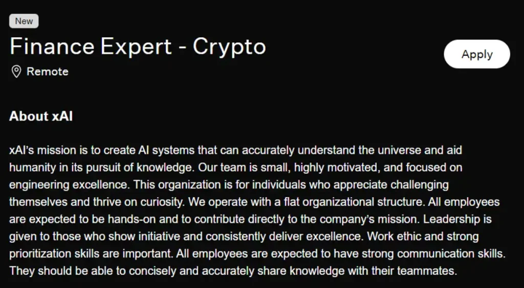 The job posting for a crypto finance expert.