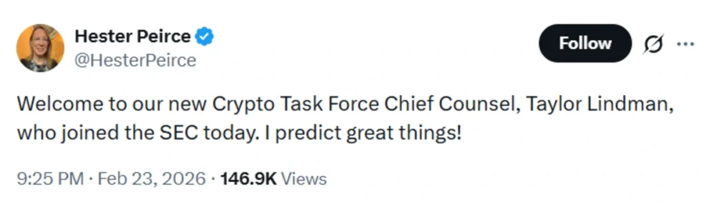 SEC Commissioner welcomes Lindman.