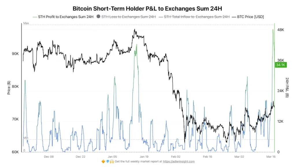 Bitcoin short-term holder P&L to exchanges sum.