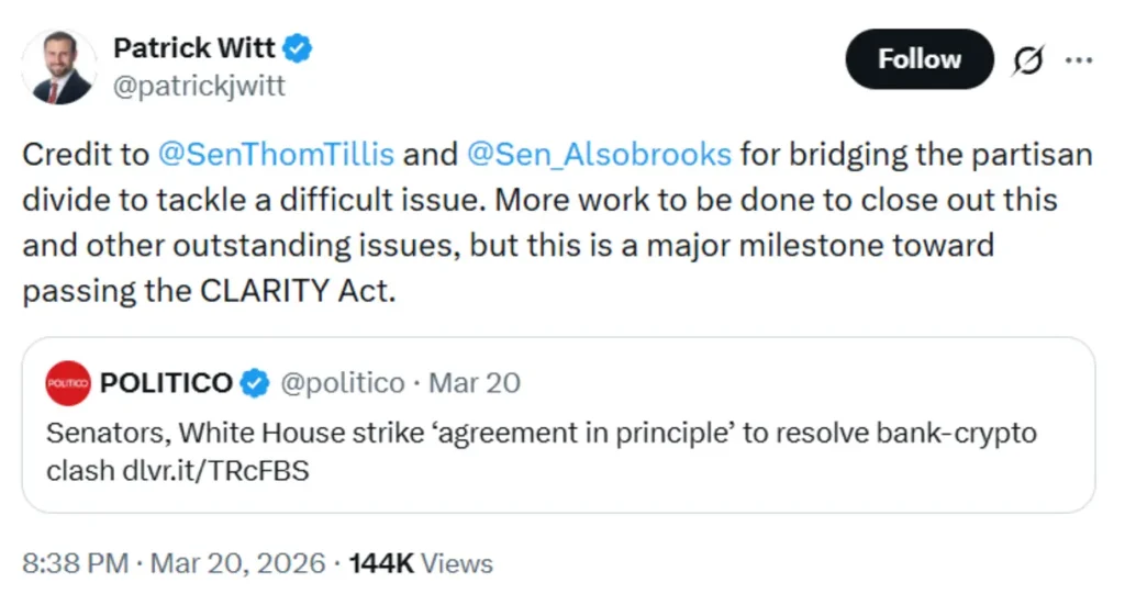 Top White House crypto policy adviser’s comment.