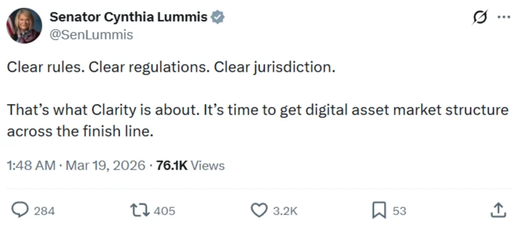 Senator’s push for crypto legislation.