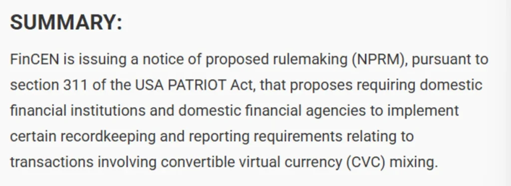 Summary of FinCEN's notice of proposed rulemaking (NPRM) regarding crypto mixers.
