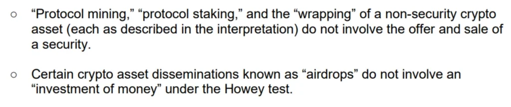The agency’s interpretation of specific crypto activities.