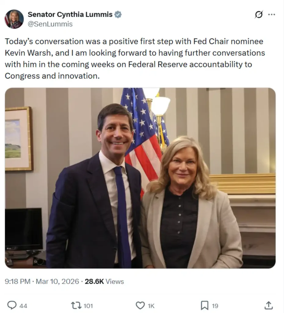 Senator Lummis’ X post about the meeting with Kevin Warsh.