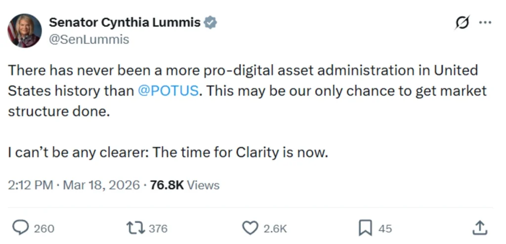 Senator’s push for crypto legislation.