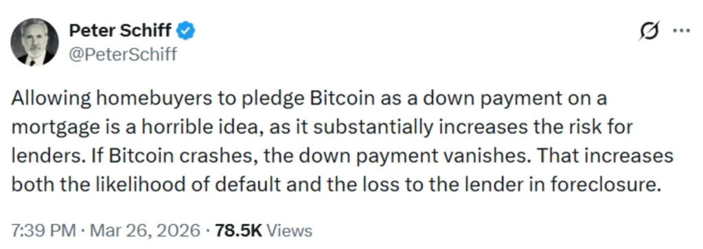 Critic’s views of Bitcoin as mortgage down payment.