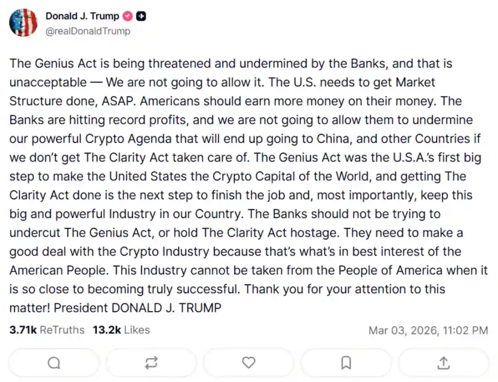 U.S. President’s post criticizing banks and urging crypto laws.