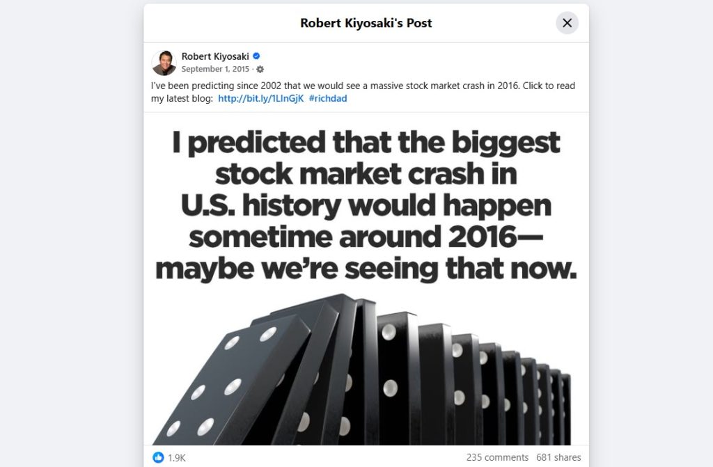 Robert Kiyosaki’s predictions about a massive stock crash