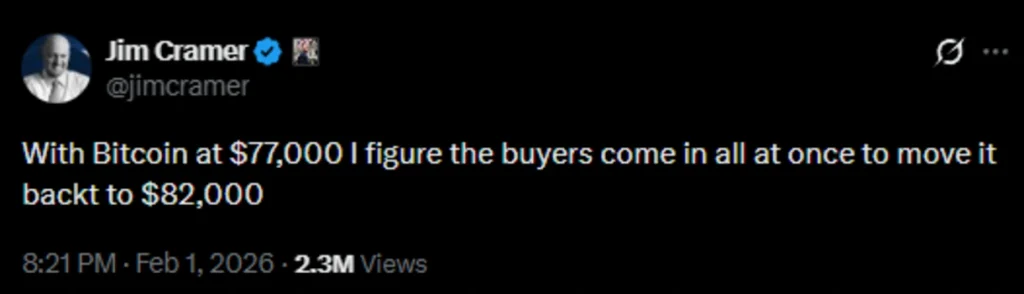 Cramer predicts Bitcoin's recovery in February 2026