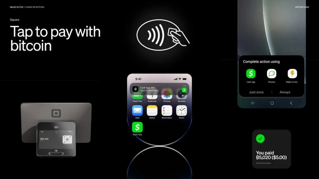 Tap to pay with Bitcoin feature.