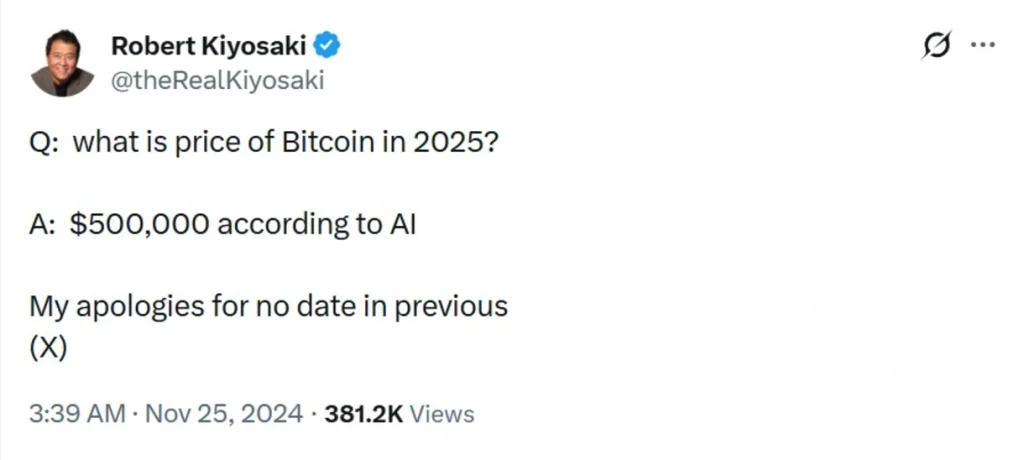 Kiyosaki's tweet about Bitcoin in 2025