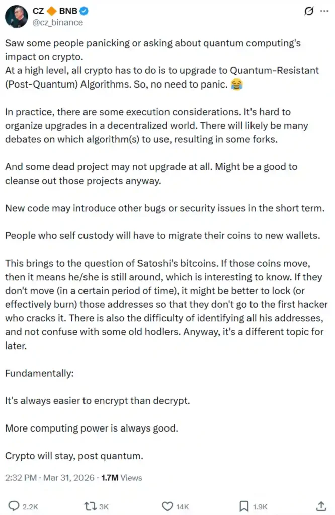 Binance CEO’s views on quantum computing endangering crypto.