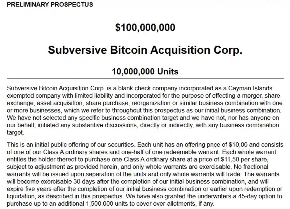 Subversive Bitcoin's SPAC registration.
