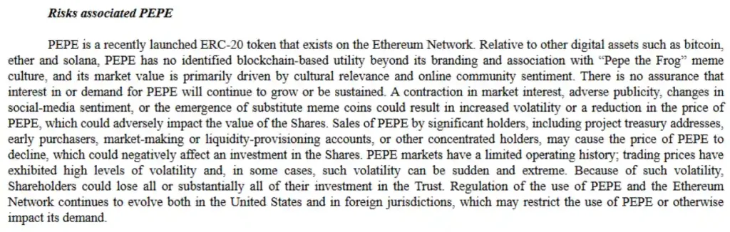 Risks associated with PEPE as confirmed by Canary Capital.
