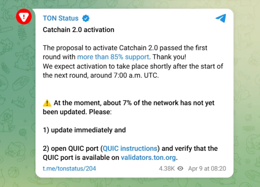 Announcement of the Catchain 2.0 activation.