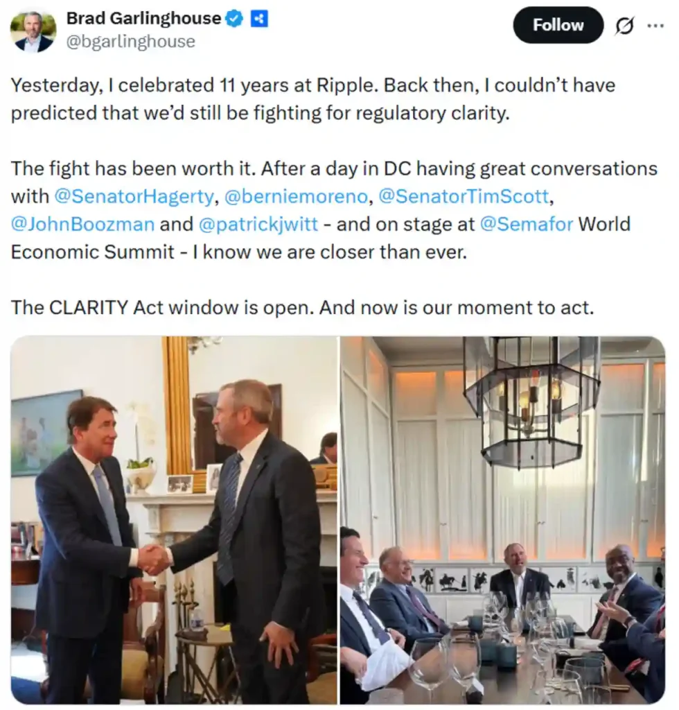 Ripple CEO’s post on marking 11 years at the company.