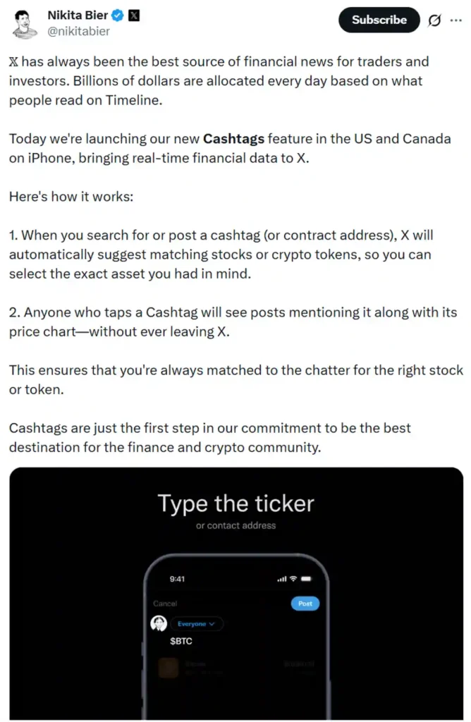 Social post describing how Cashtags work. Source: Nikita Bier/X