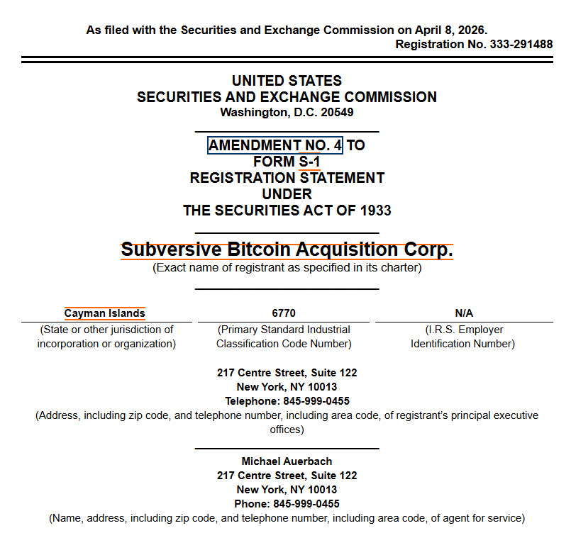 Subversive Bitcoin's SPAC registration.