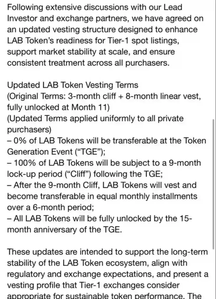 Screenshot showing updated vesting terms from 3-month cliff to 9-month cliff.