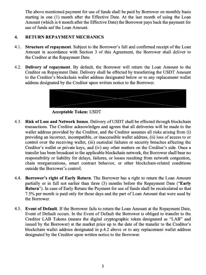 Loan agreement page showing repayment terms.