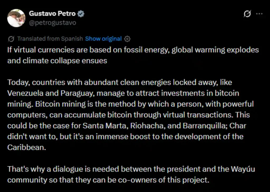 Colombia, Bitcoin mining. Source: Gustavo Petro / Twitter