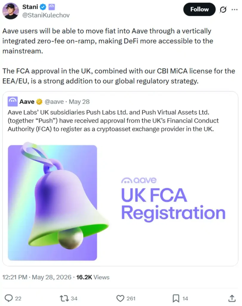 Aave founder commenting on the announcement.