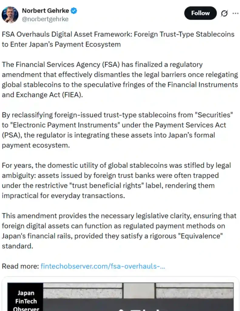 Reporting on Japan’s new stablecoin framework.