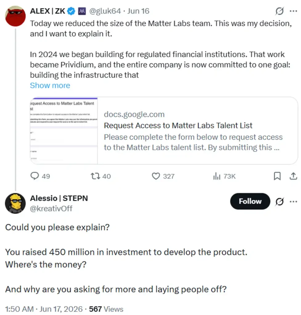 Member of the crypto community questioning the layoffs.