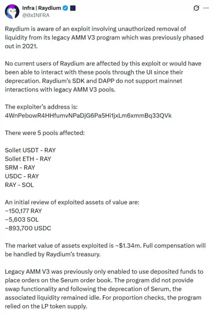 Raydium’s team acknowledging the exploit.