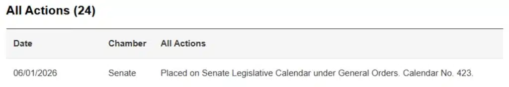 Latest action pertaining to the CLARITY Act.