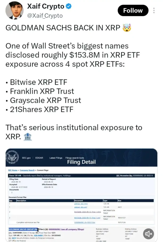 Goldman Sachs XRP ETF Claim Resurfaces — But The Numbers Look Familiar