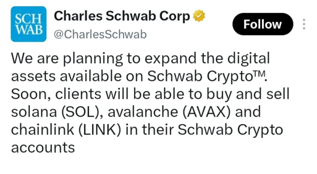 Charles Schwab's Latest Crypto Move Puts Solana, Avalanche, And Chainlink in Focus