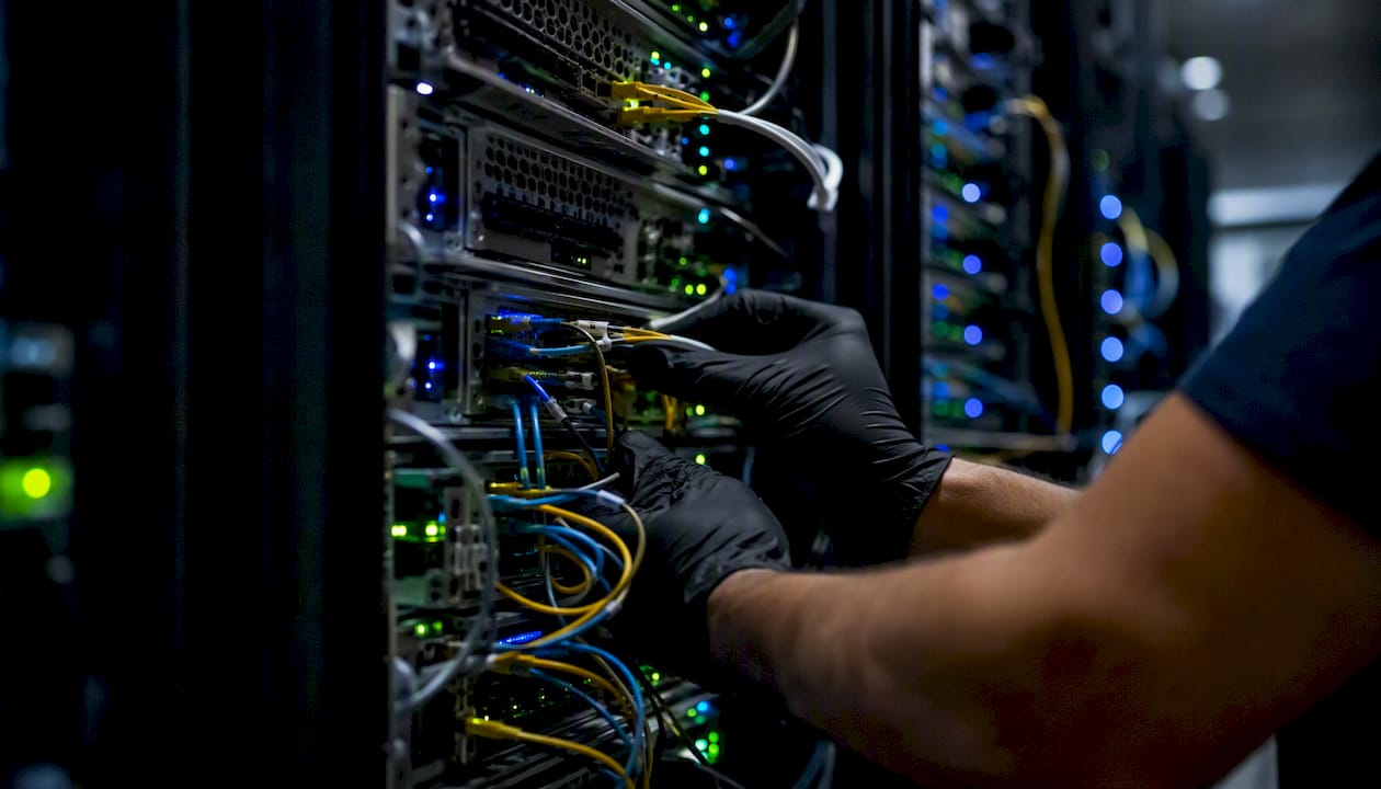 Hand connecting fiber optic cable in server room