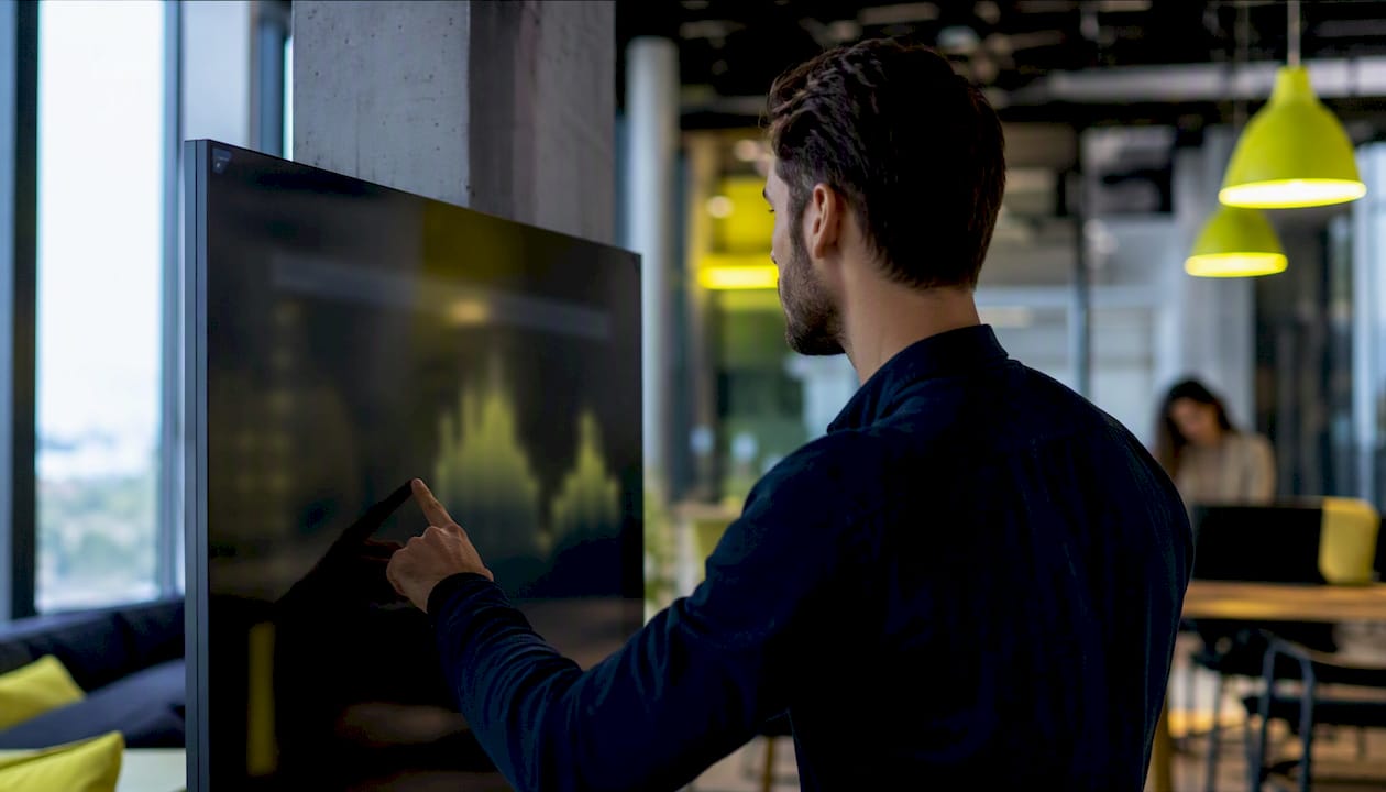 Hand interacting with digital device showing graphs