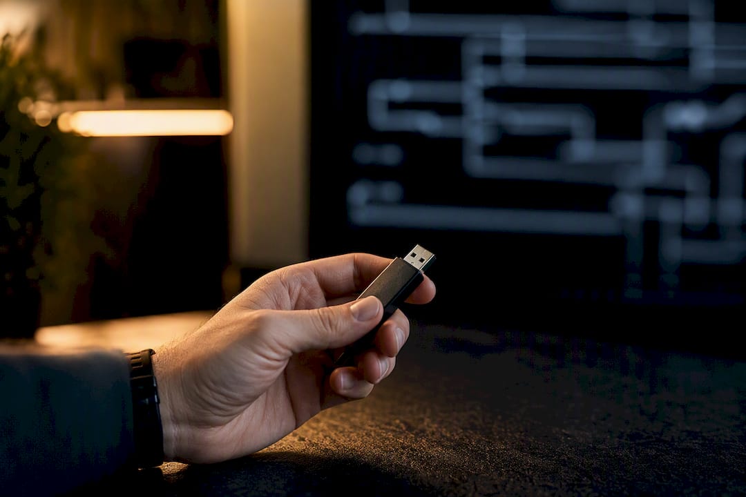 Hardware wallet in hand with blurred smart contract code