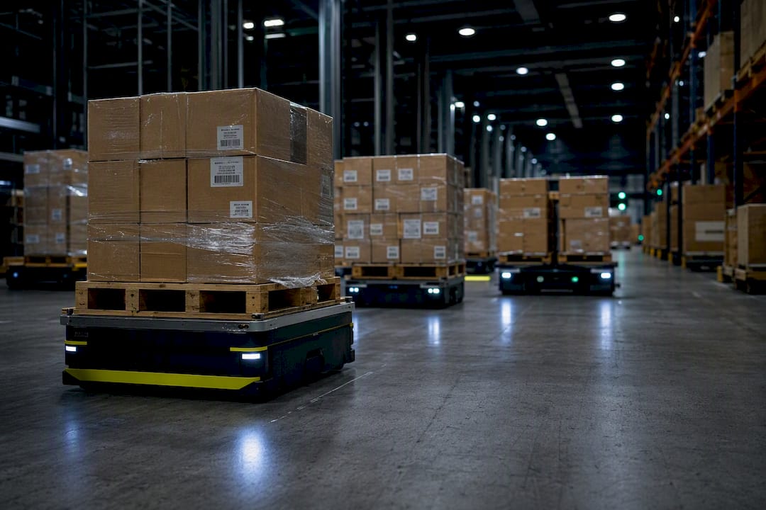 Robotic pallet movers in warehouse