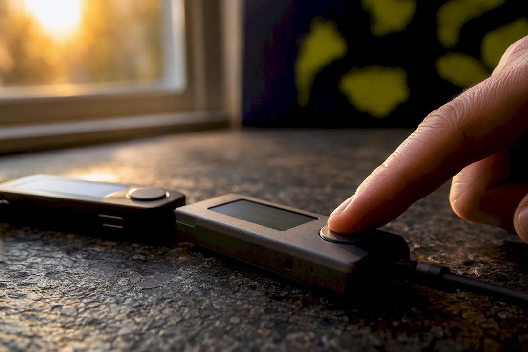 Hands interacting with multiple hardware wallets for multisig