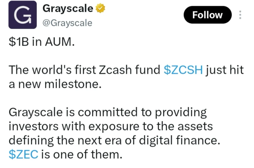 $ZCSH Hits $1B AUM as Grayscale Doubles Down on Zcash Exposure